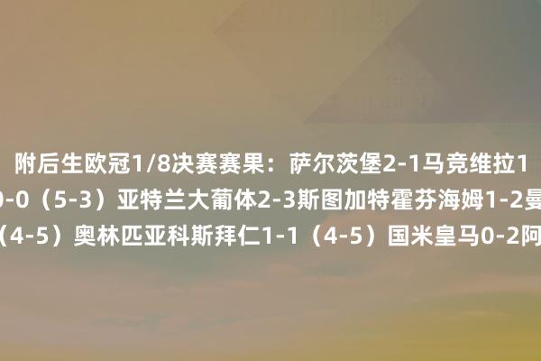 附后生欧冠1/8决赛赛果:萨尔茨堡2-1马竞维拉1-3巴萨特拉布宗体育0-0(5-3)亚特兰大葡体2-3斯图加特霍芬海姆1-2曼城格拉茨风暴1-1(4-5)奥林匹亚科斯拜仁1-1(4-5)国米皇马0-2阿尔克马尔后生欧冠1/4决赛对阵(4月1日/2日进行):阿尔克马尔vs曼城斯图加特vs巴萨萨尔茨堡vs奥林匹亚科斯特拉布宗体育vs国米    欧洲买球站体育信息